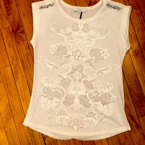 Fate Size S Cream Tee with Embroidered Front w/Lace and Jewels at Shoulder Line